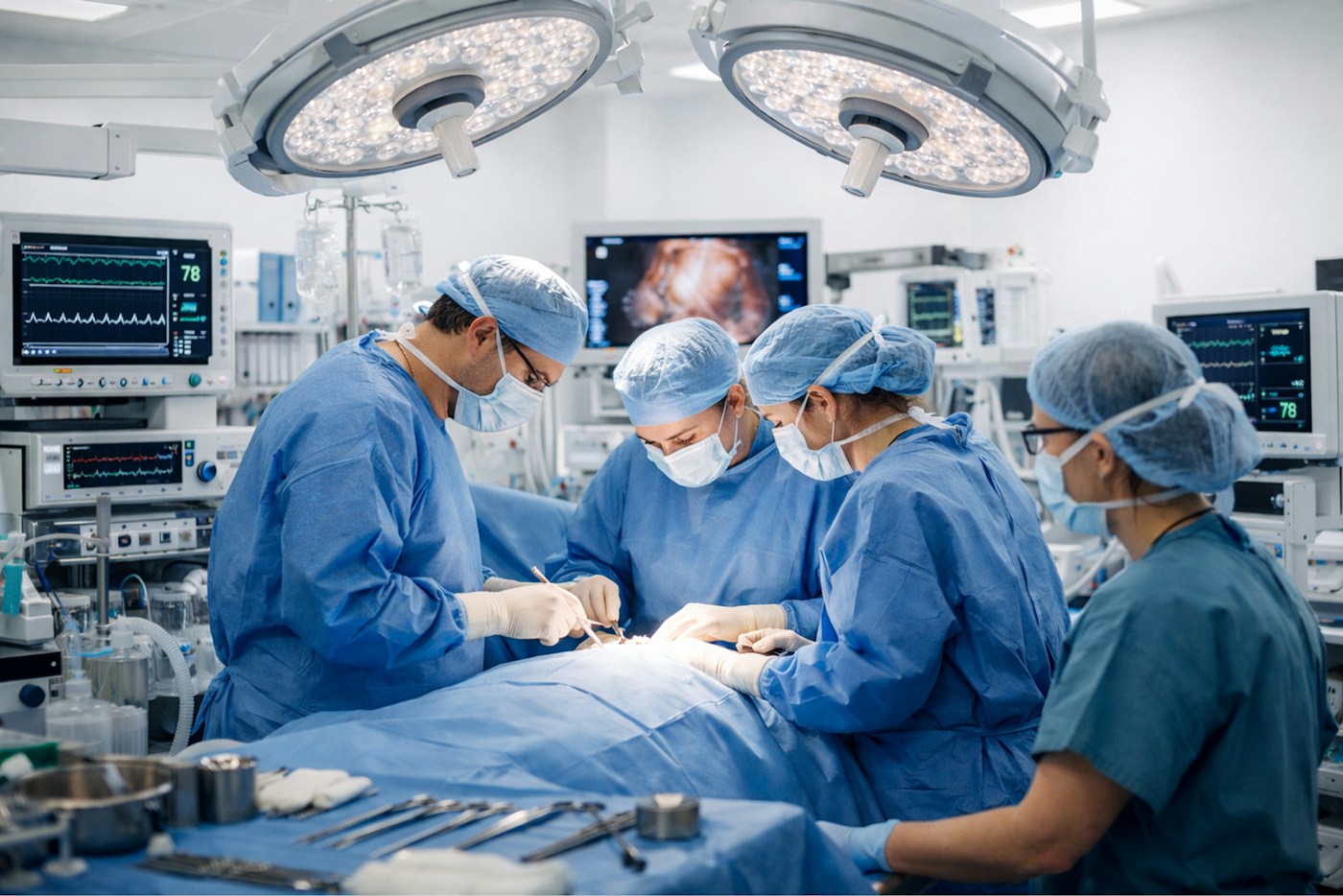 Surgical team working together in an operating room